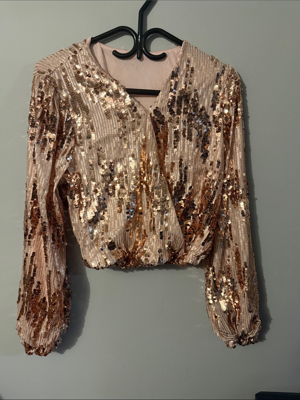 Sequin Wrap Crop Long-Sleeve Top - Blush Gold